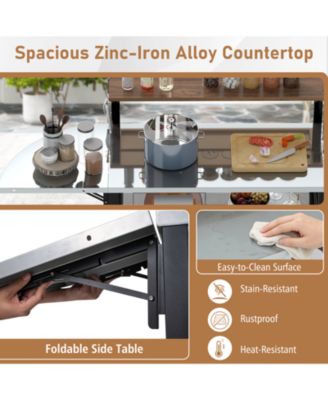 Outdoor Foldable Grill Table with Flip-Up Top and 2 Storage Shelves for Backyard Garden