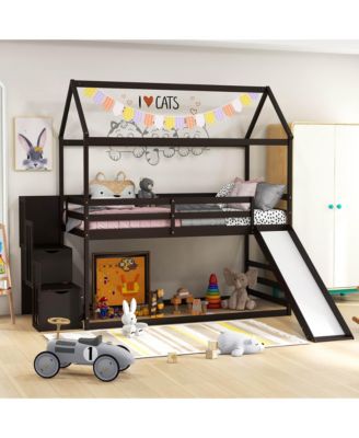 Loft Bed w/ Slide and Storage Staircase Twin Over Twin House-shaped Bunk Bed