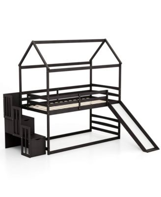 Loft Bed w/ Slide and Storage Staircase Twin Over Twin House-shaped Bunk Bed