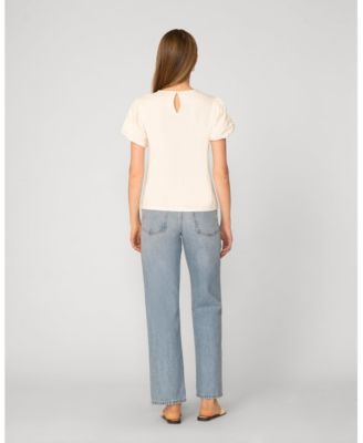 Women's Puff Sleeve Mix Media Trim Top