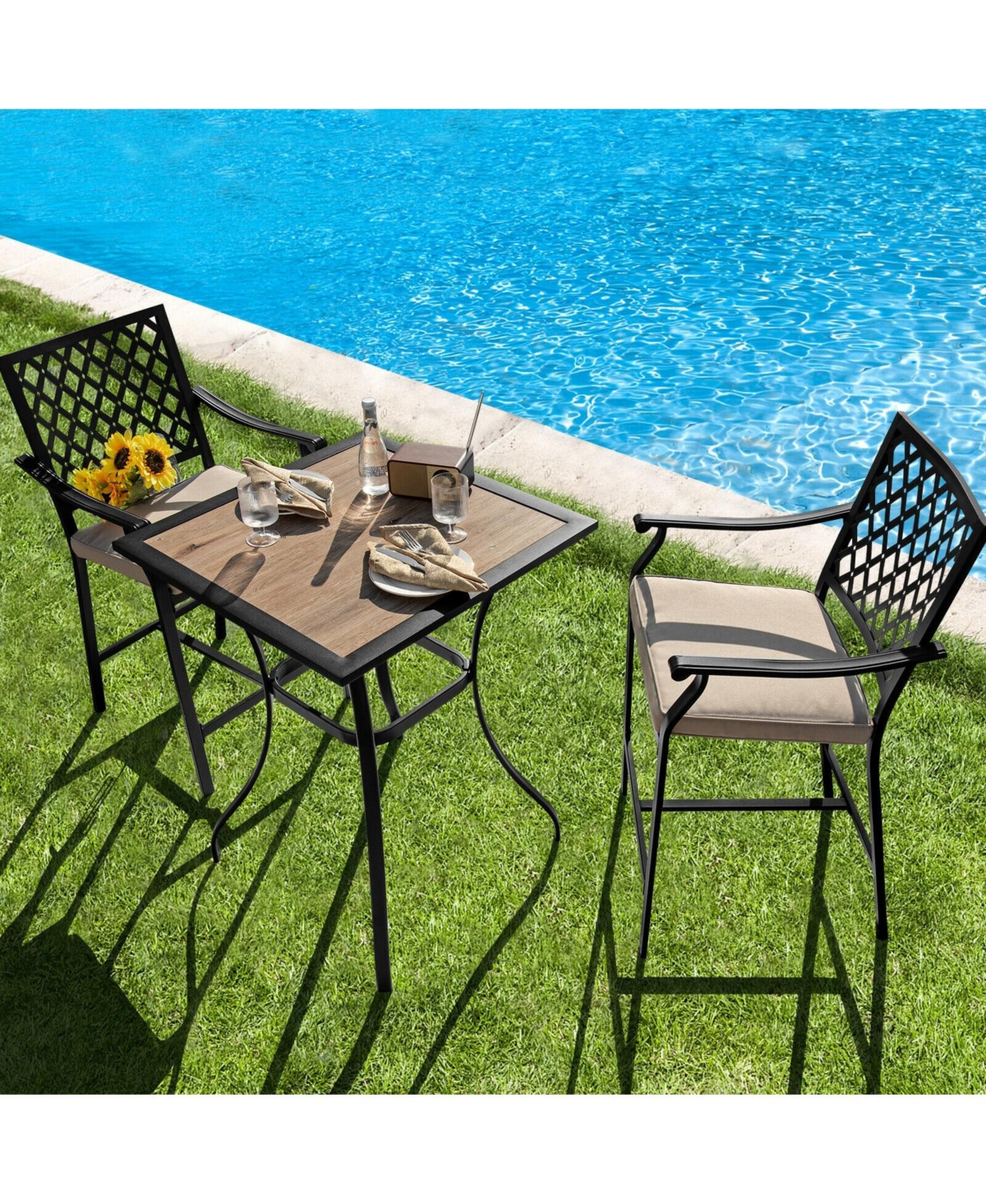 Sugift 3 Piece Patio Bar Set with Two Bar Stools and Square Table