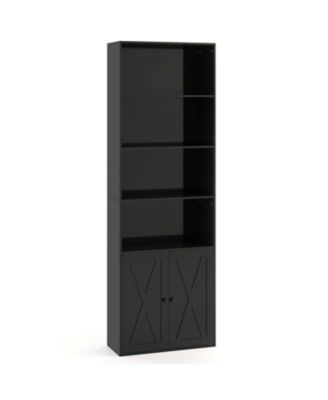 Tall Freestanding Bookshelf with Cabinet and Open Shelves
