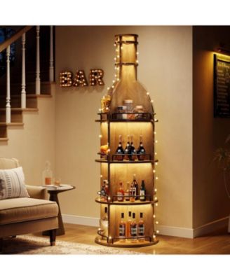 75" Tall Wine Rack with Storage Shelves, Industrial Round Wine Cabinet with Hanging Goblet Holder