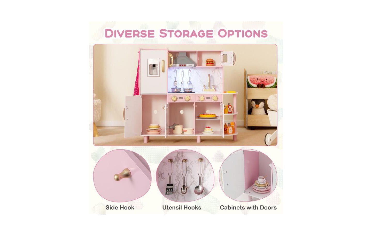 Детский игровой набор HONGGE Wooden Kitchen Playset with Ice Maker, Ages 3+, цвет: Розовый — фото 7