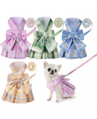 4 Cute Plaid Dog Dress Set with Bow Tie Harness Leash for Small Dogs Puppy Clothes Outfits