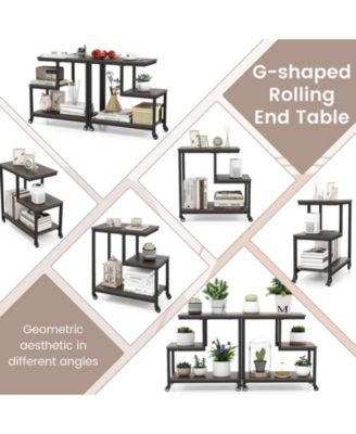G Shaped Three Tier Mobile End Table with Open Shelves