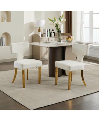 Dining Chairs Set of 2 - Chenille Fabric Upholstered Kitchen Chairs with Curved Backrest, Golden Stainless Steel Legs for Dining Room