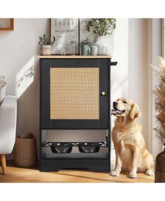  Black Pet Feeding Station with Storage Cabinet and 2 Elevated Dog Bowls, Anti-Tip Design