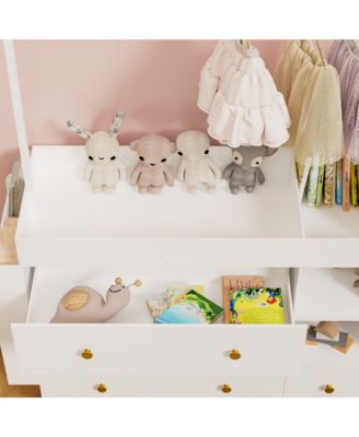 Modern Baby Dressing Table, Multi-Functional Baby Changing Table with 3 Deep Drawers, Drying Rack and Shelves for Nursery, Bedroom