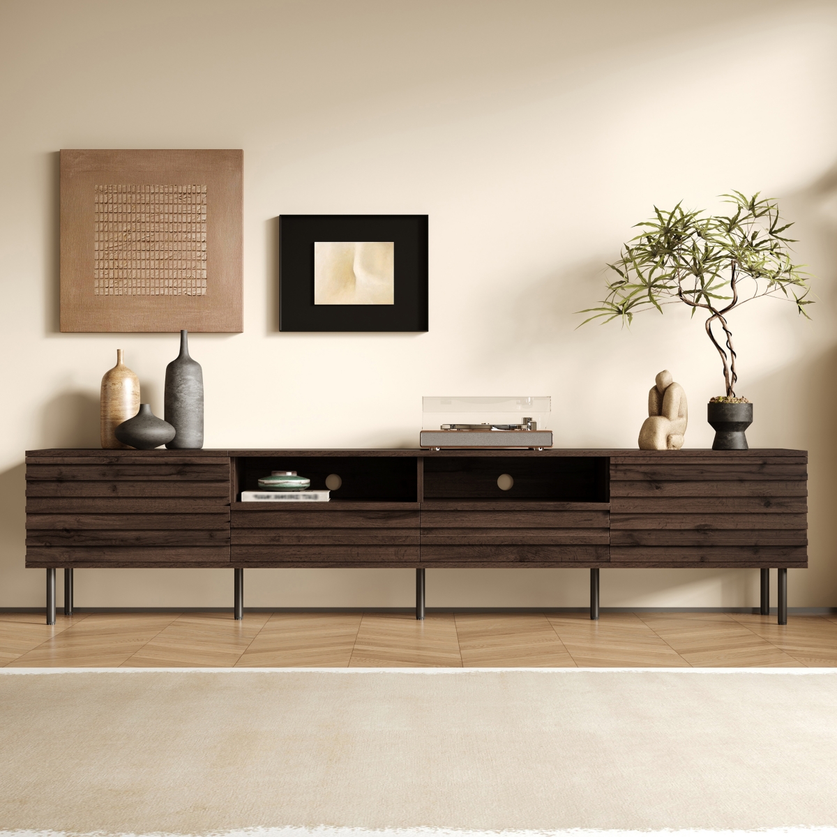 sumyeg 78 inch Modern Tv Stand for TVs up to 85" with Closed Storage & Cable Management, Soft-Closing Hinges, Iron Legs for Living Room - Dark br