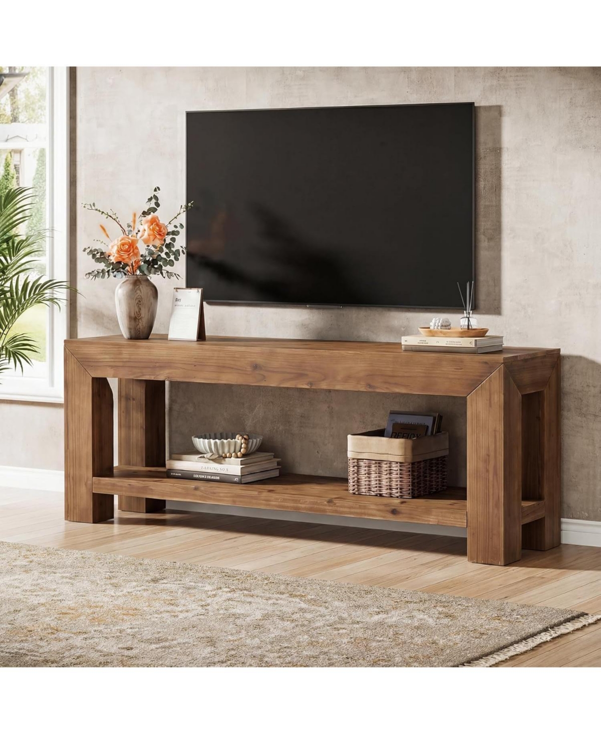 Tribesigns Solid Wood Tv Stand for Tvs up to 75'', 63" TV Console Entertainment Center with Open Storage Shelves - Rustic brown