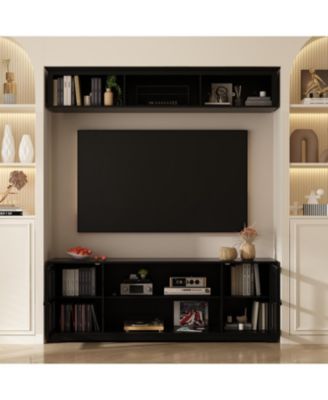 TV stand with top cabinets, entertainment center with tempered glass doors, wooden media console