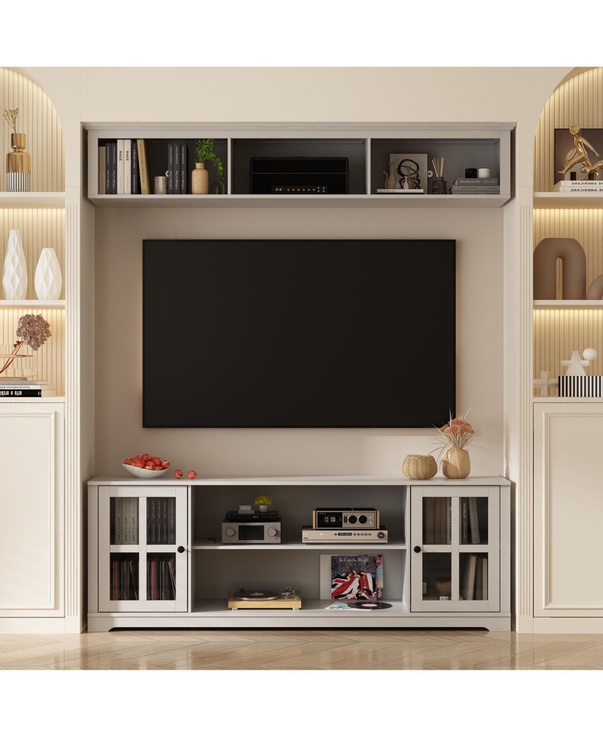 Famapy Tv stand with top cabinets, entertainment center with tempered glass doors, wooden media console - Grey