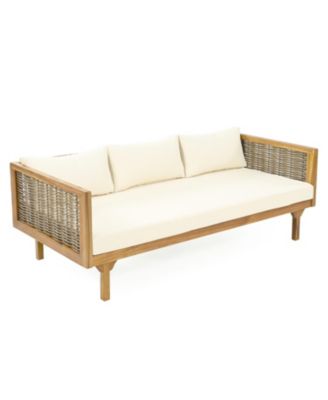 Weather Resistant Wicker Patio Conversation Set with Acacia Wood Coffee Table Water Resistant Thick Beige Cushions for Garden Patio Deck