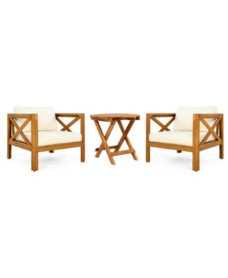 2 Piece Outdoor Acacia Wood Conversation Set with Armchairs Cushions Foldable Teak Finish Side Table for Patio Backyard