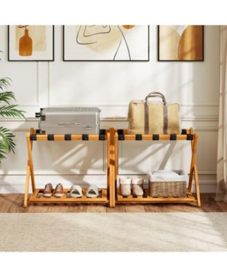 Set of Two Folding Luggage Racks with Straps and Shelf