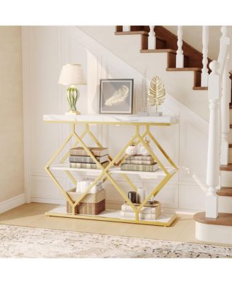 Entryway Table with Diamond Metal Frame, Marble Console with Open Shelf Storage, Adjustable Feet