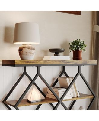 Farmhouse Industrial Console Table, 3-Tier Narrow Sofa Table, Metal Frame, Open Storage Shelves