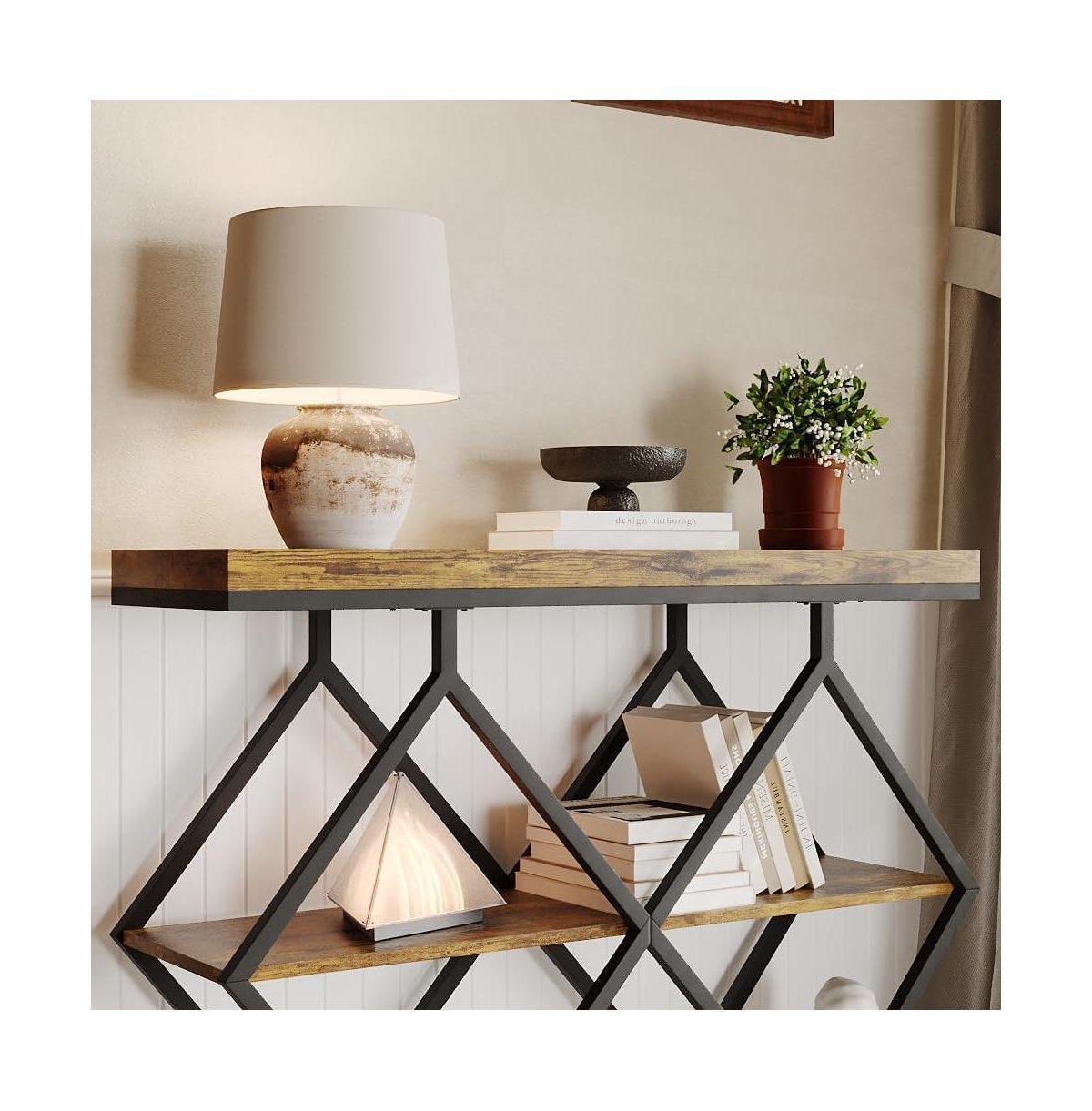 gaomon Farmhouse Industrial Console Table, 3-Tier Narrow Sofa Table, Metal Frame, Open Storage Shelves