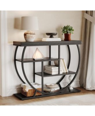 39" Industrial Console Table, 4-Tier Entryway Sofa Table, Metal Geometric Frame, Rustic Wood Top