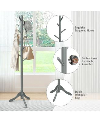 Adjustable Wooden Tree Coat Rack with Eight Hanging Hooks