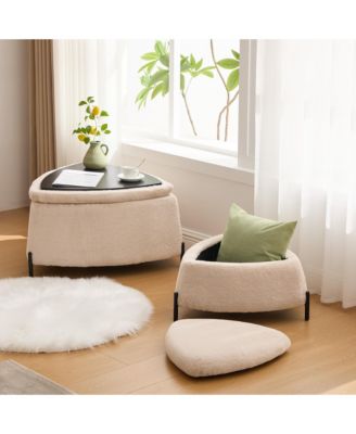 2-Piece Faux Fur Storage Ottoman Set with Reversible Lid and Metal Legs, Footstool and Coffee Table for Living Room, Bedroom, Entryway