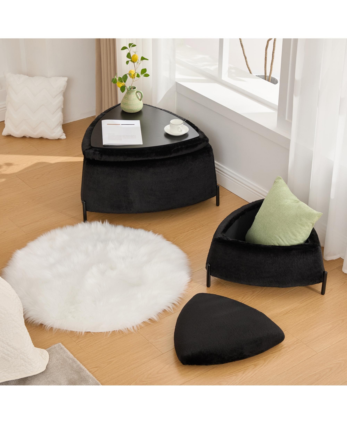 Boyel Living 2-Piece Faux Fur Storage Ottoman Set with Reversible Lid and Metal Legs, Footstool Coffee Table for Room, Bedroom, Entryway