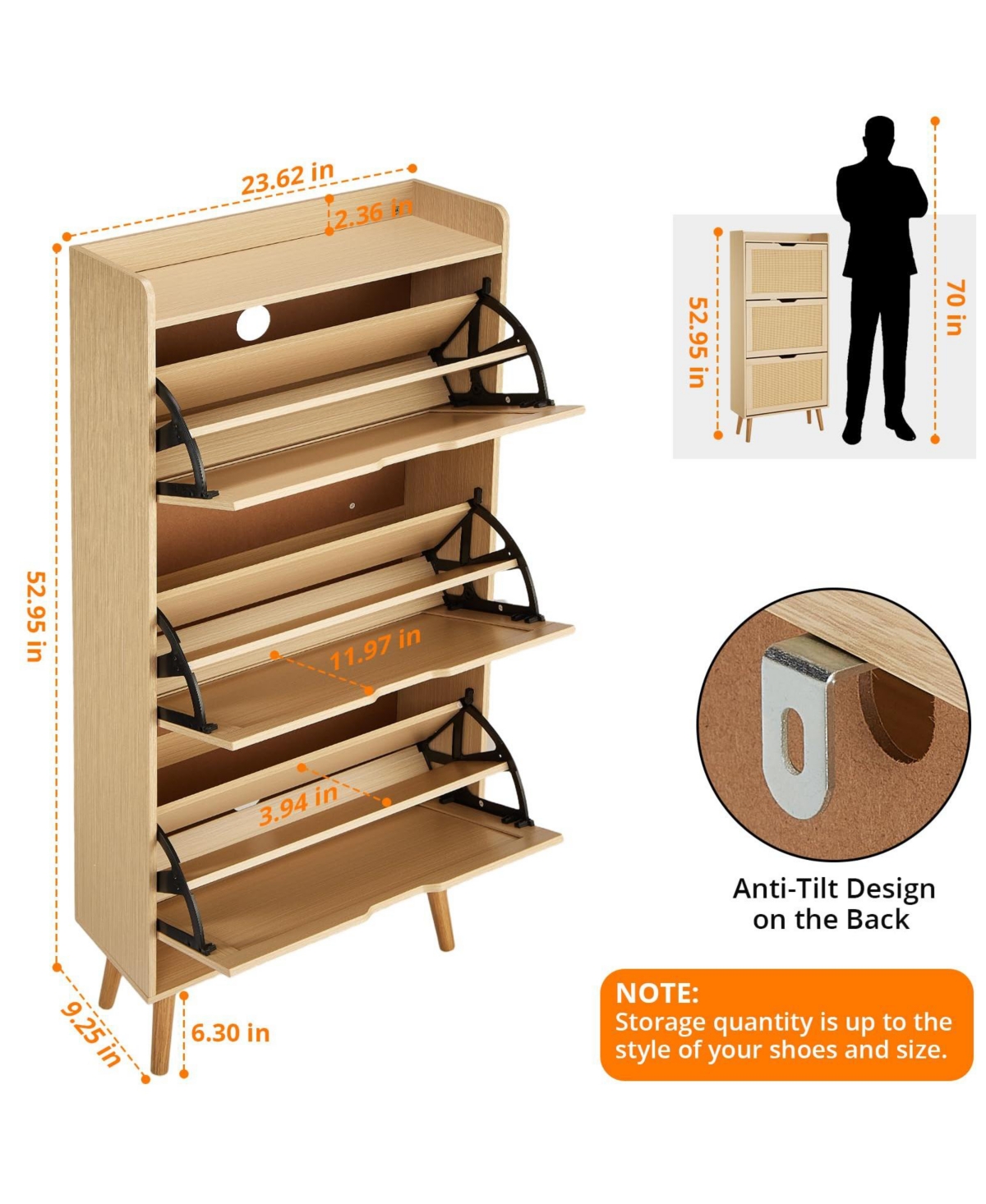 Homfan Shoe Cabinet for Entryway, Rattan Storage Organizer with Flip-Drawer and Anti-Tip Design, Shoe Storage Cabinet