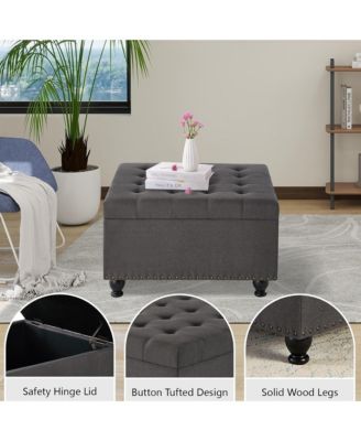 Square Storage Ottoman - Upholstered Button Tufted, wooden legs and Nail Trims for Living Room, Bedroom