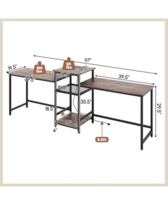 Two Person Computer Desk with Power Outlet and Printer Stand