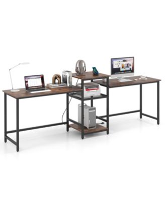 Two Person Computer Desk with Power Outlet and Printer Stand