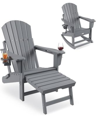 Folding Adirondack Rocking Chair with Retractable Ottoman and Cup Holders, HDPE All-Weather Outdoor Chair for Porch