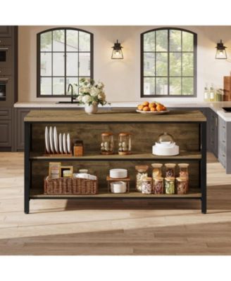 62.99" Kitchen Island with Storage and Seating - Farmhouse Stationary Island Table, Large Countertop and Sturdy Metal Frame