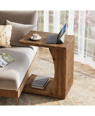 C-Shaped End Table for Living Room Set of 2, Solid Wood Narrow Skinny Side Table, Farmhouse Bedside Nightstand