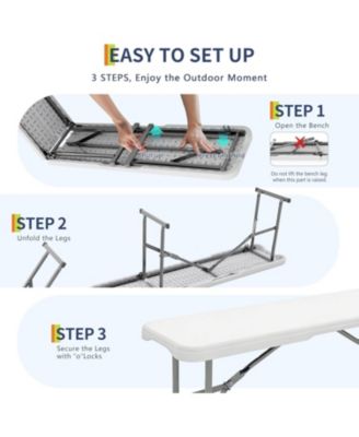 Set of 2 Portable Folding 6-Foot Outdoor Plastic Benches with Carrying Handles for Camping or Picnic