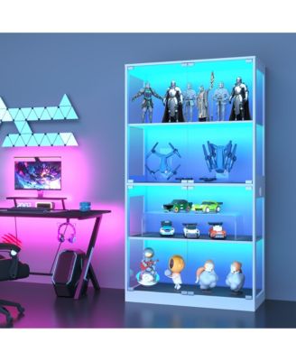 Glass Display Cabinet 4-Tier, Curio Cabinets with Glass Doors, Storage Cabinet with 3 Color Lights, Human Body Sensor & Charging Ports