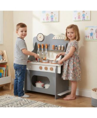 Wooden Play Kitchen Pretend Toy with Clock, Gift Set for Boys & Girls Ages 3