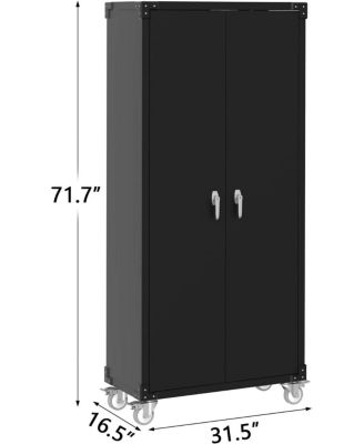 Metal Garage Storage Cabinet with Doors and Wheels, 72" High Lockable Storage with 4 Adjustable Shelves and Pegboard, for Garage Workshop