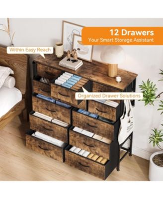 12 Drawer Fabric Dresser with Side Pockets & Hooks Tall Storage Chest with Sturdy Steel Frame, Wooden Top, Easy Pull Handles