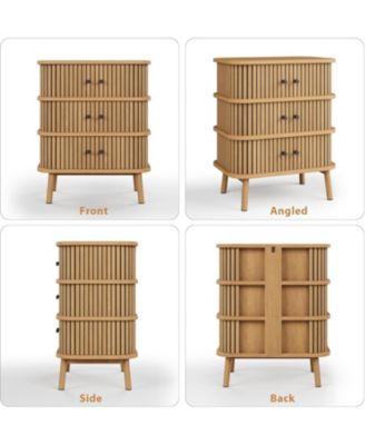 3 Drawer Dresser Mid Century Modern Nightstand with Spacious Wicker Storage