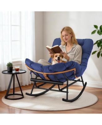 Papasan Rocking Chair with Footrest, Oversized Rattan Chair with Removable Cushion, PE Rattan Metal Frame, Indoor/Outdoor
