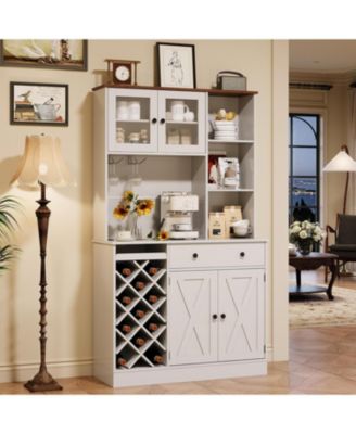 Coffee Bar Cabinet with Power Outlet & Exquisite Barn Doors, Sideboard Buffet Cabinet with Wine Bottle Rack, Storage Cabinet for Kitchen