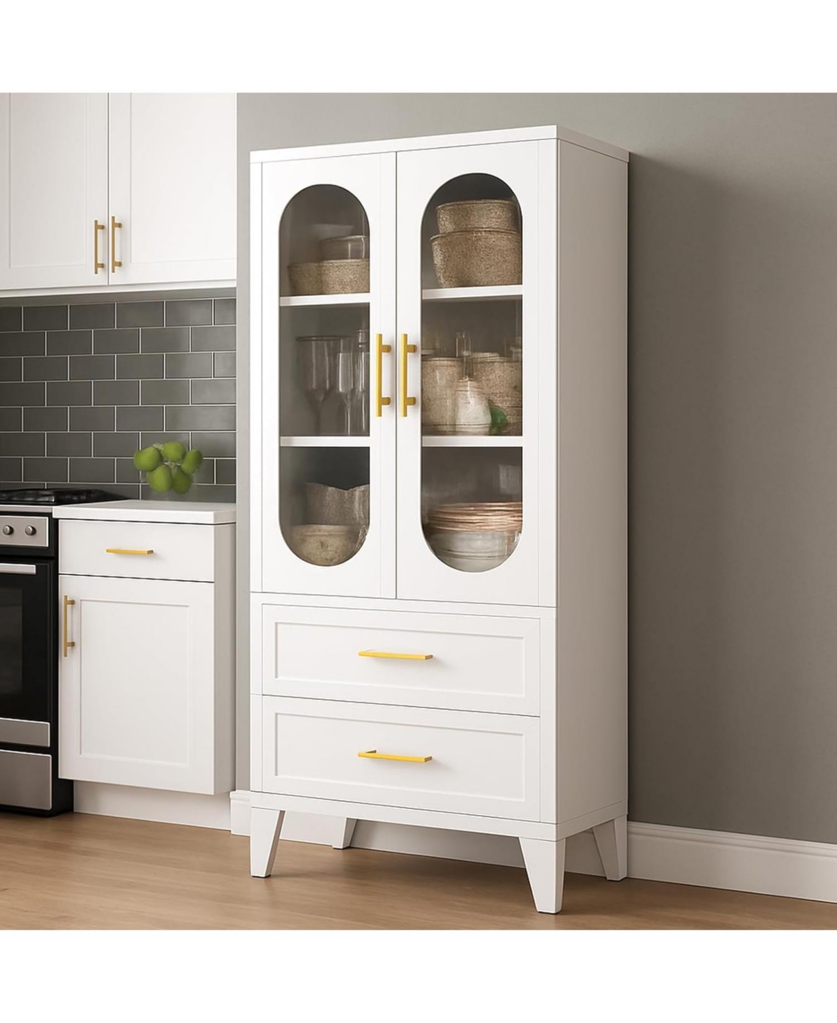 gaomon Pantry Storage Cabinet with Drawer, Glass Doors, Adjustable Shelves, Laundry, Living, Bath, Dining, Tool