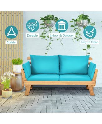Adjustable Patio Sofa Daybed Acacia Wood Furniture w/  Cushion
