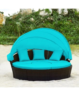 Cushioned Patio Rattan Round Daybed w/ Adjustable Table 3 Pillows
