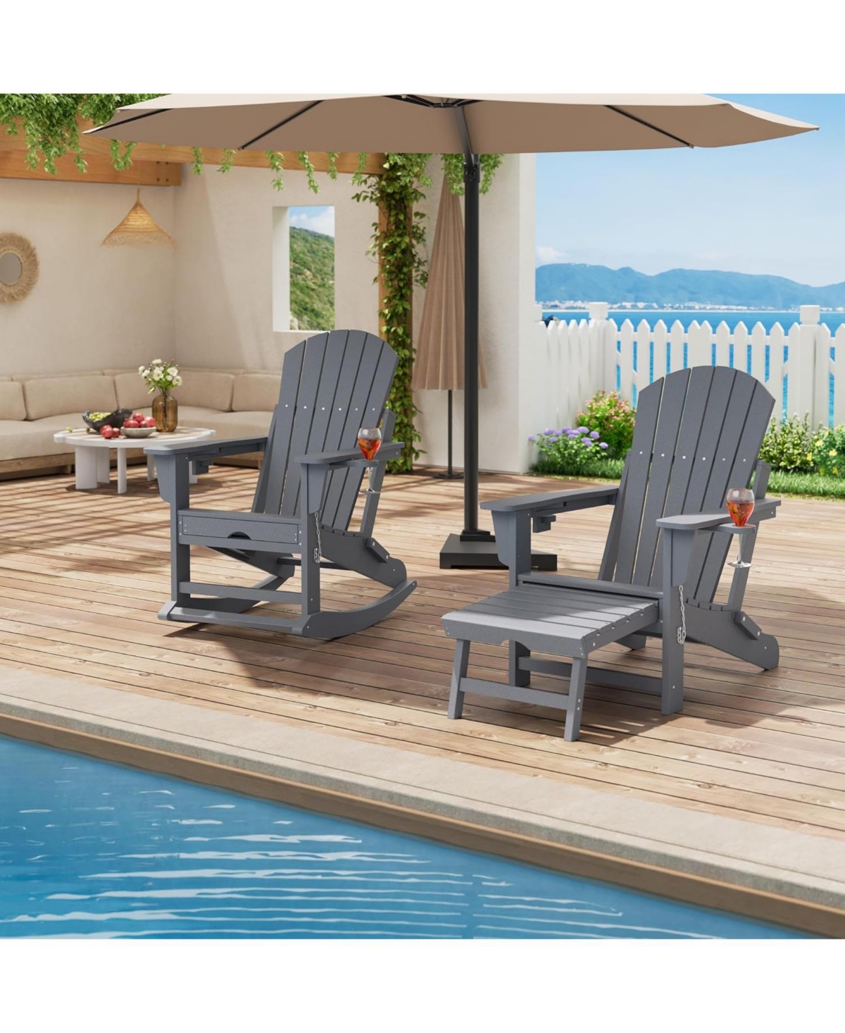 gaomon Set of 4 Folding Adirondack Rocking Chairs with Footrest and Retractable Ottoman, Outdoor Chairs for Deck or Porch