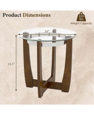24 Inches Round Side Table with Tempered Glass Top and Solid Rubber Wood Base-Walnut