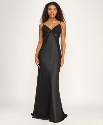 Juniors' V-Neck Satin Gown with Spaghetti Strap and Lace Trim Detail Gown