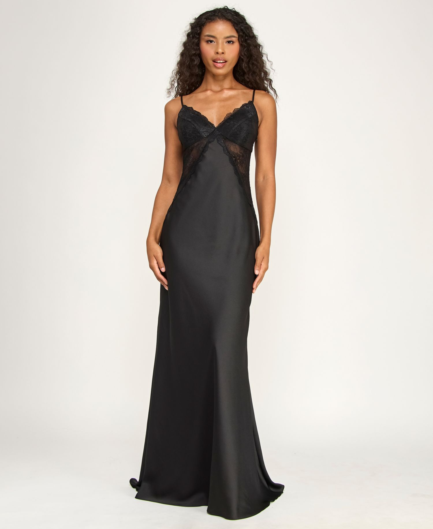 Juniors' V-Neck Satin Gown with Spaghetti Strap and Lace Trim Detail Gown