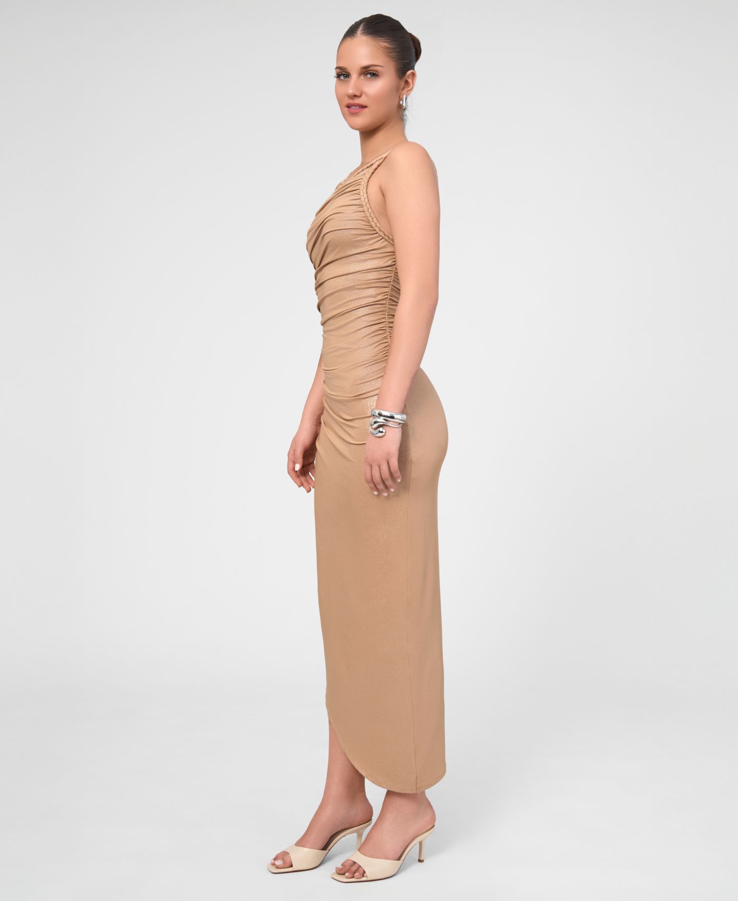 Женское платье RACHEL Rachel Roy Metallic Ruched Midi, цвет: Светло-бежевый телесный — фото 2